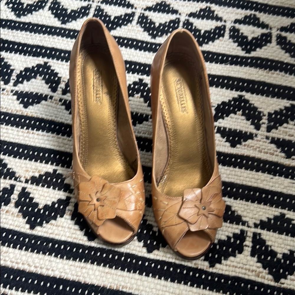 Seychelles Tan Heels with Peep-Toe Design and Decorative Embellishment